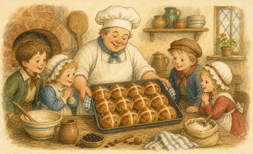 a baker’s tray of spiced buns marked with crosses