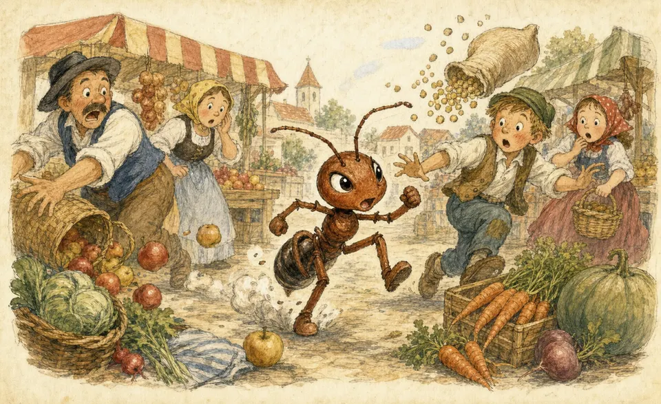 a tiny but fearsome six-legged ant storming through a marketplace
