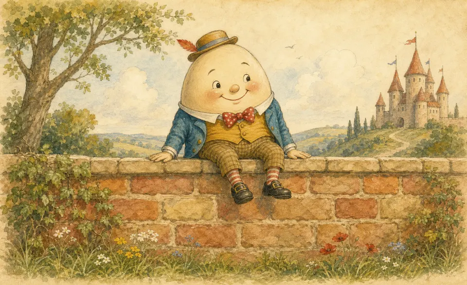 a round egg character perched on a high brick wall