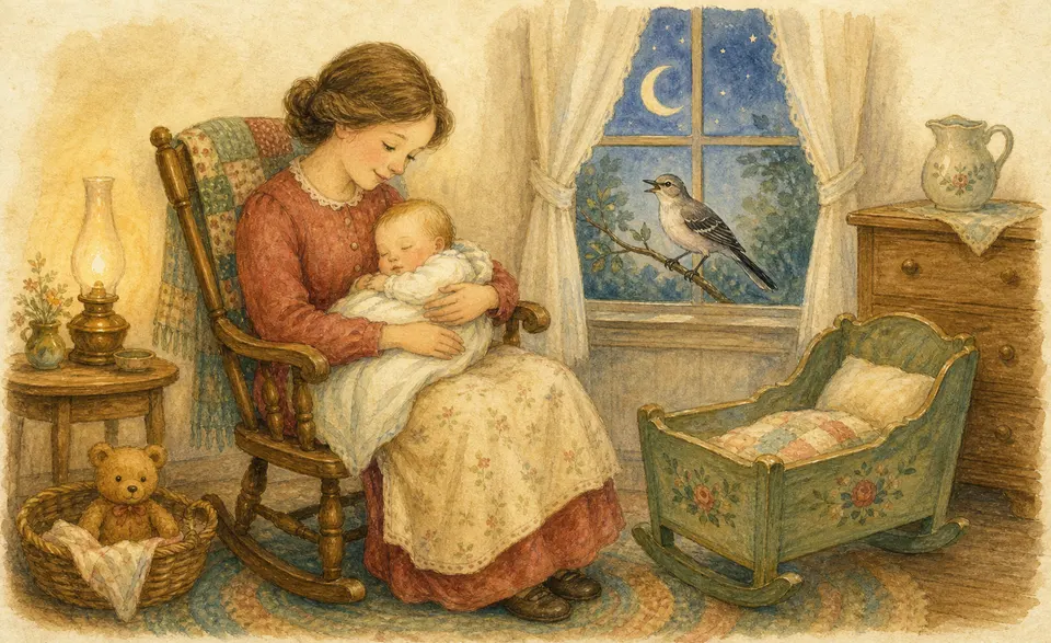 a parent rocking a baby, a mockingbird at the window