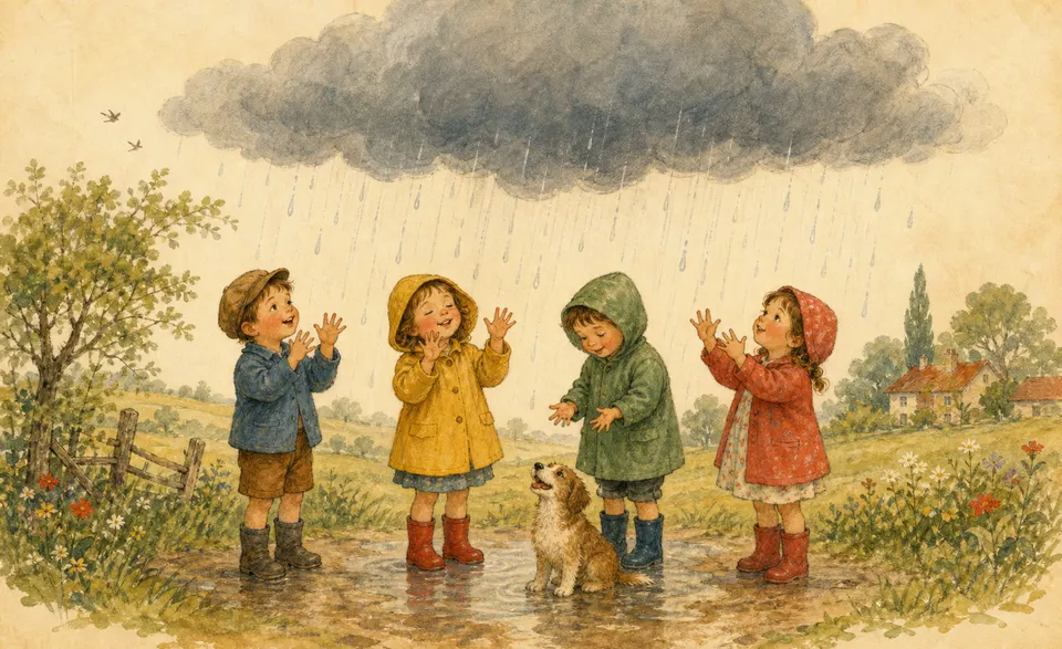 children under a rain cloud, fingers pattering like raindrops