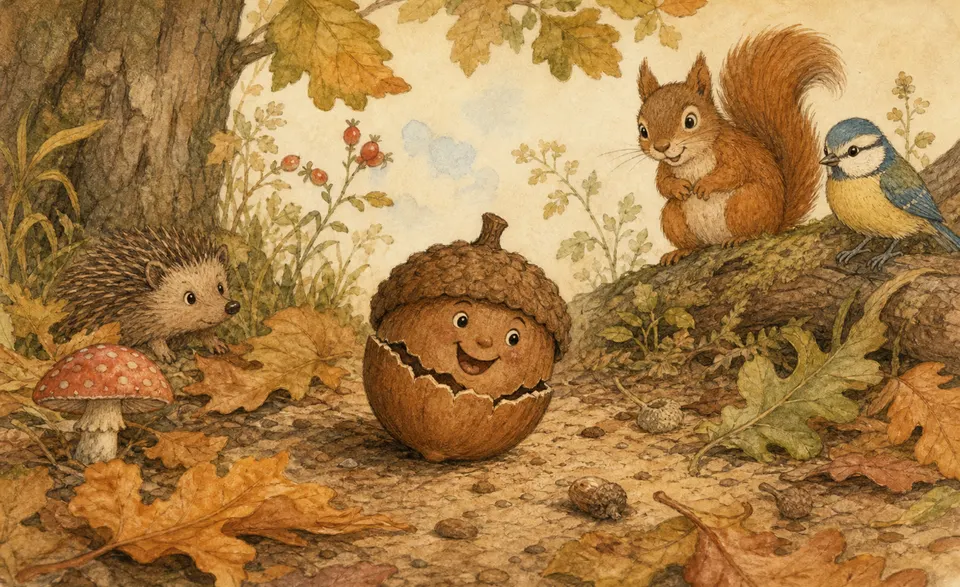 a little brown acorn on the ground, cracked and grinning