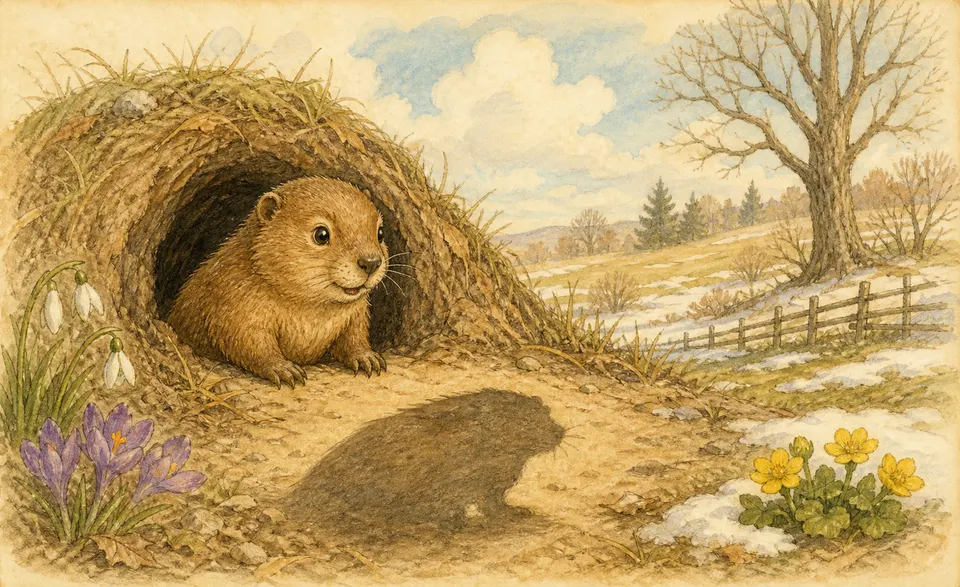 a little brown groundhog peeping out of its burrow, eyeing its shadow