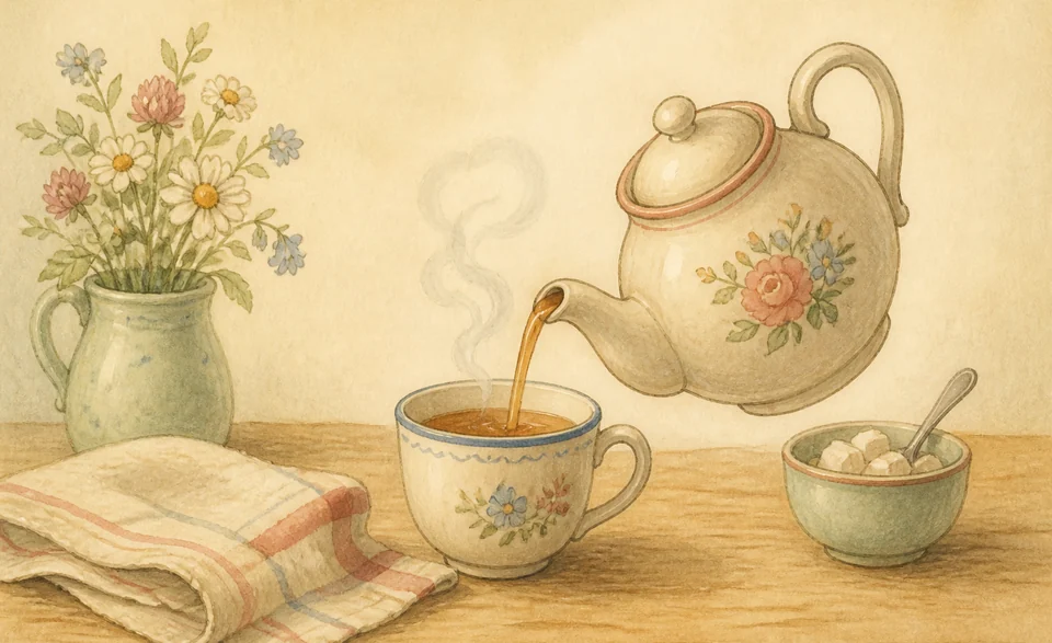 floral ceramic teapot pouring tea into a cup on a warm kitchen table