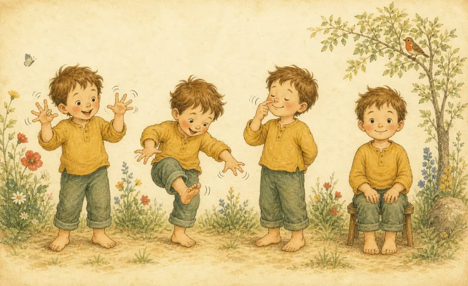 a child wiggling fingers, toes and nose, then sitting perfectly still