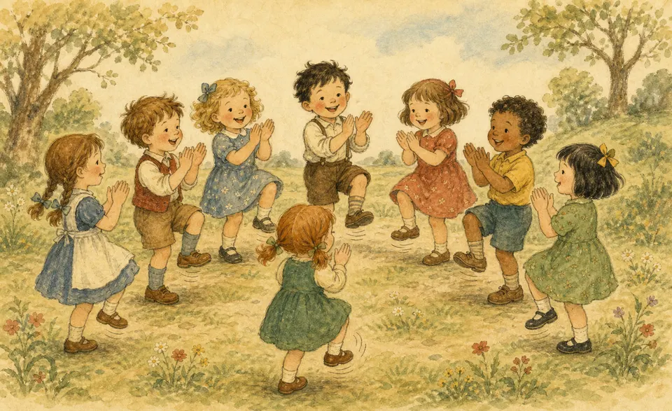 smiling children clapping and stamping in a ring