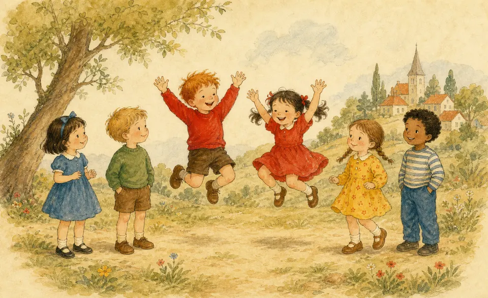 children in different coloured clothes, the ones in red jumping up