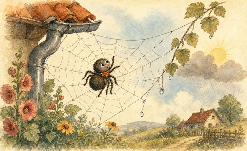 a little spider climbing up its web