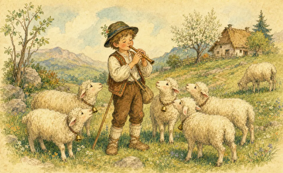a shepherd boy piping to his little sheep, bells jingling
