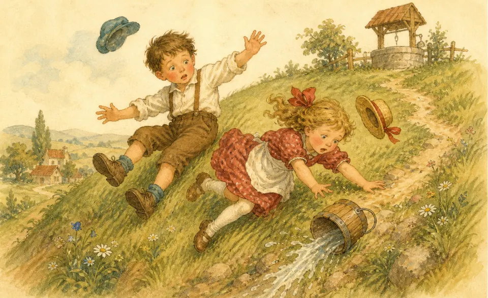 two children tumbling down a grassy hill with a spilled pail