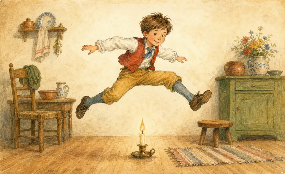 a boy leaping over a lit candle on the floor