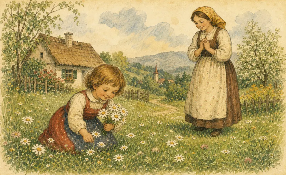 a child in a green meadow picking white daisies for their mother