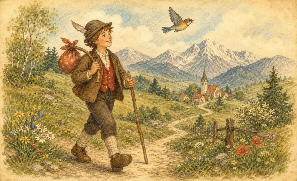 a traveller setting off over the hills, a little bird flying ahead