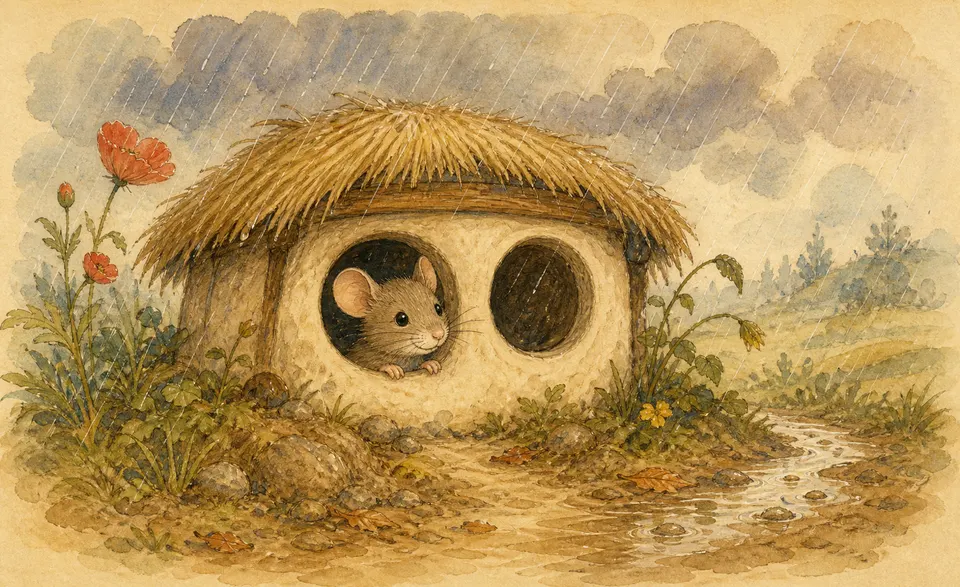 a little mouse peeping out of a two-holed house, sheltering from the rain