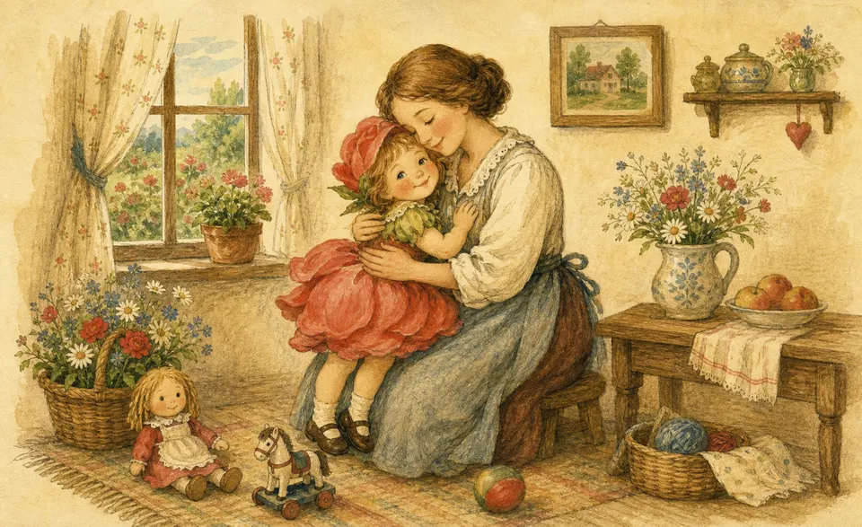 a child as mummy’s little rose, held close and loved