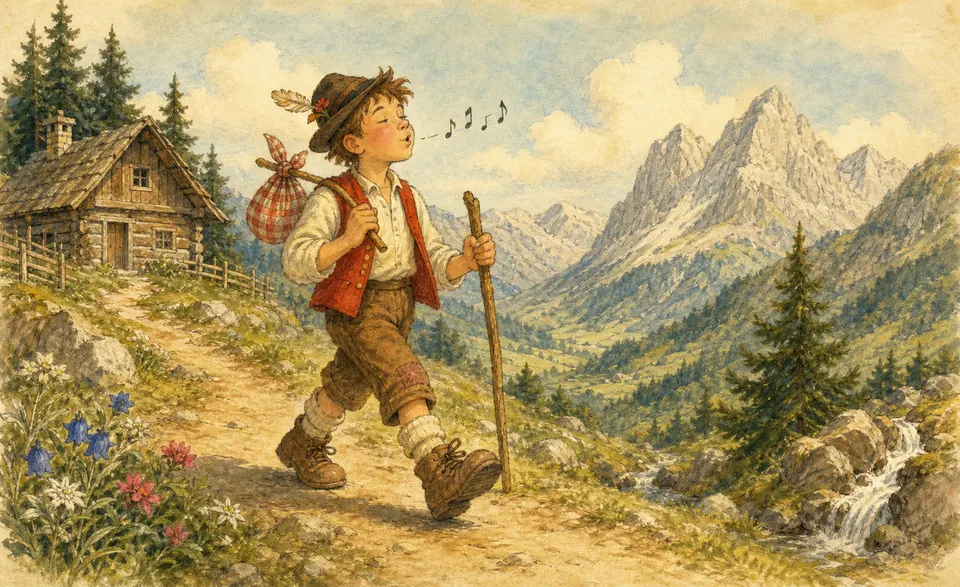 a cheerful mountain boy striding a sunny alpine path, whistling