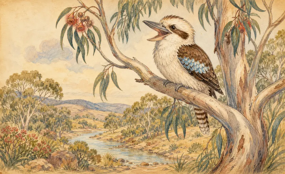 a laughing kookaburra perched in a tall gum tree