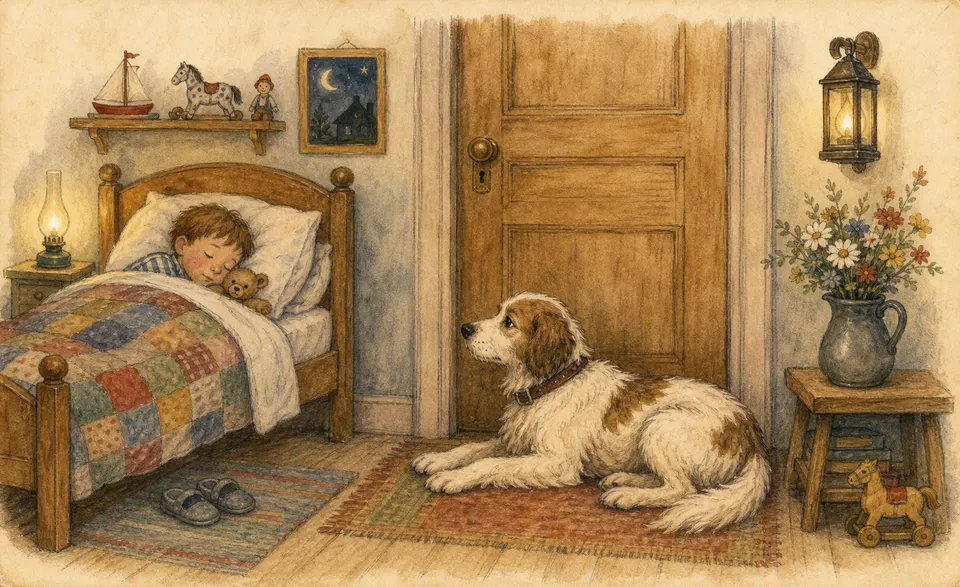 a loyal little dog lying guard before a child’s bedroom door at night