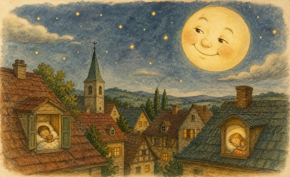 a smiling Man in the Moon watching over quiet rooftops at night