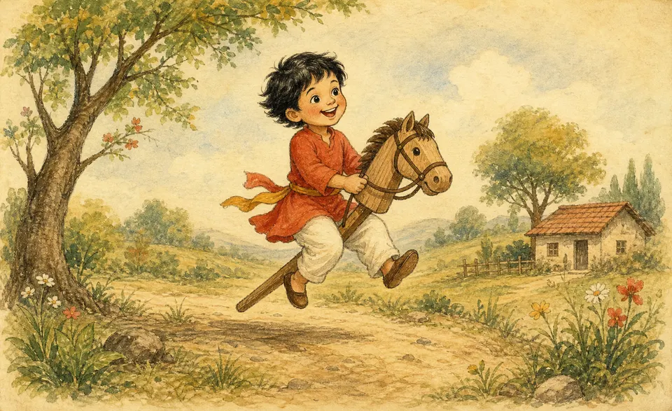 a child galloping on a wooden hobby-horse, full of glee