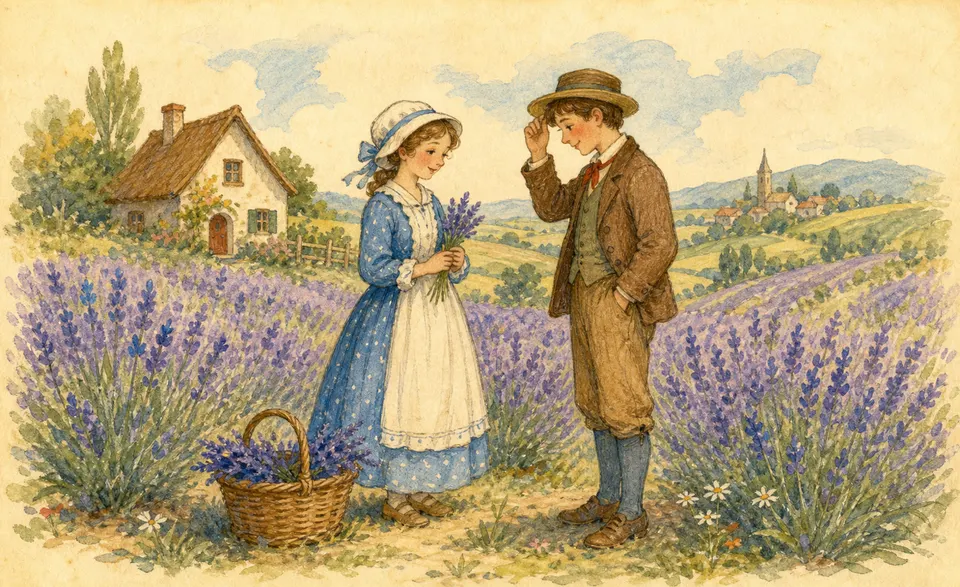 lavender in blue and green flower, a couple among the fields