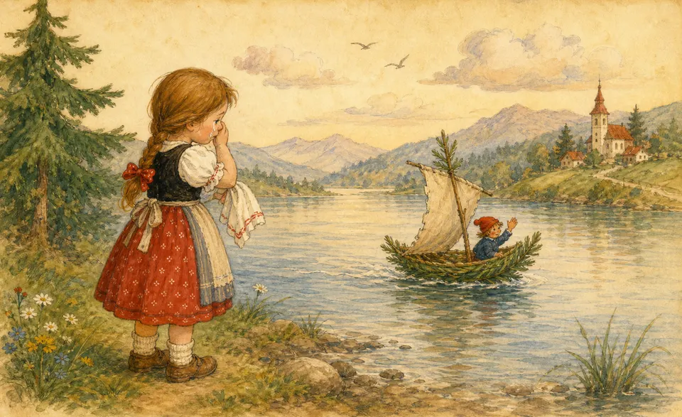 a little boat made of spruce sailing off as a girl weeps on the shore
