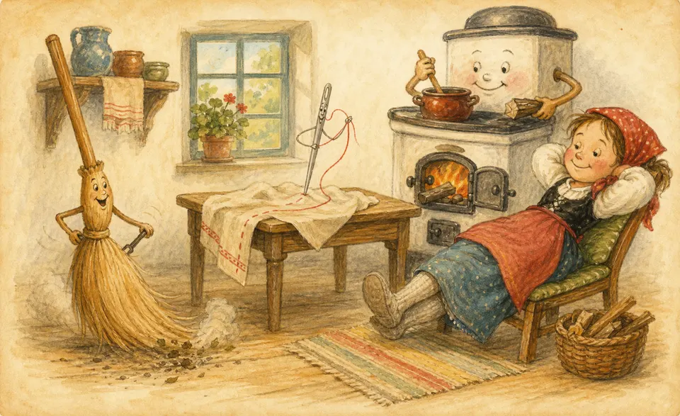 a lazy girl idling while a broom, a needle and a stove work by themselves