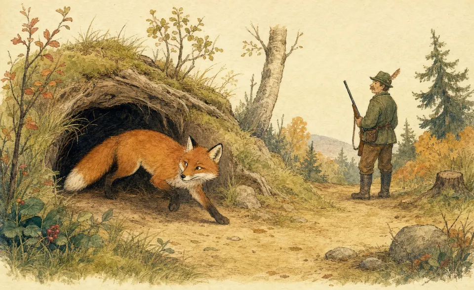a clever fox slipping out the back of her den as a hunter waits out front