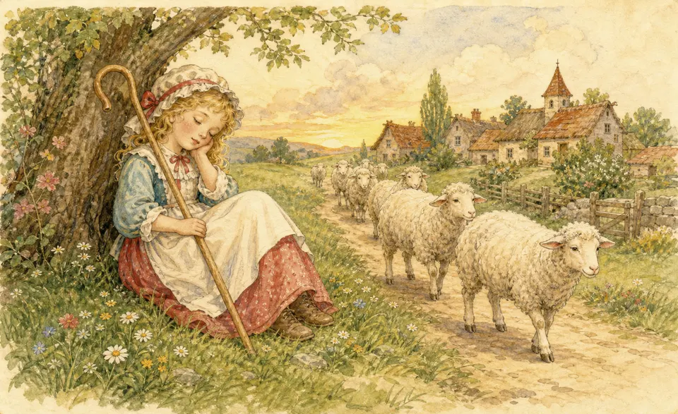 a young shepherdess dozing with a crook while sheep wander home