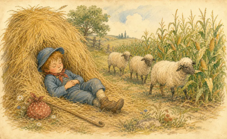a boy asleep under a haystack while sheep wander into the corn