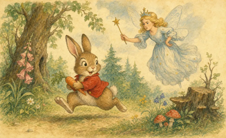 a mischievous bunny and a stern good fairy hovering above the forest
