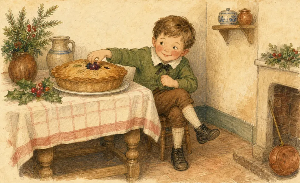a boy in a corner pulling a plum from a Christmas pie