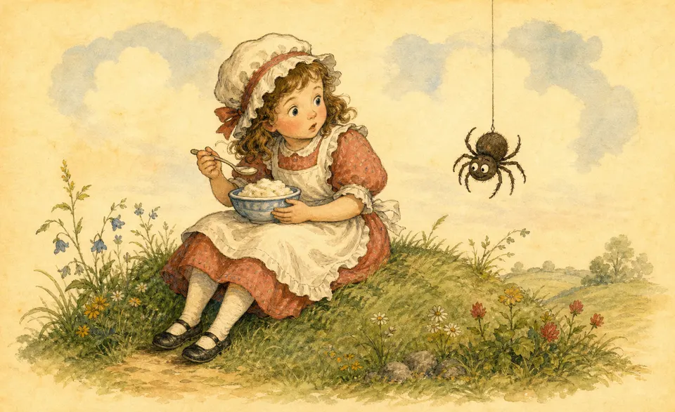 a girl on a grassy mound with a bowl, a spider dropping beside her