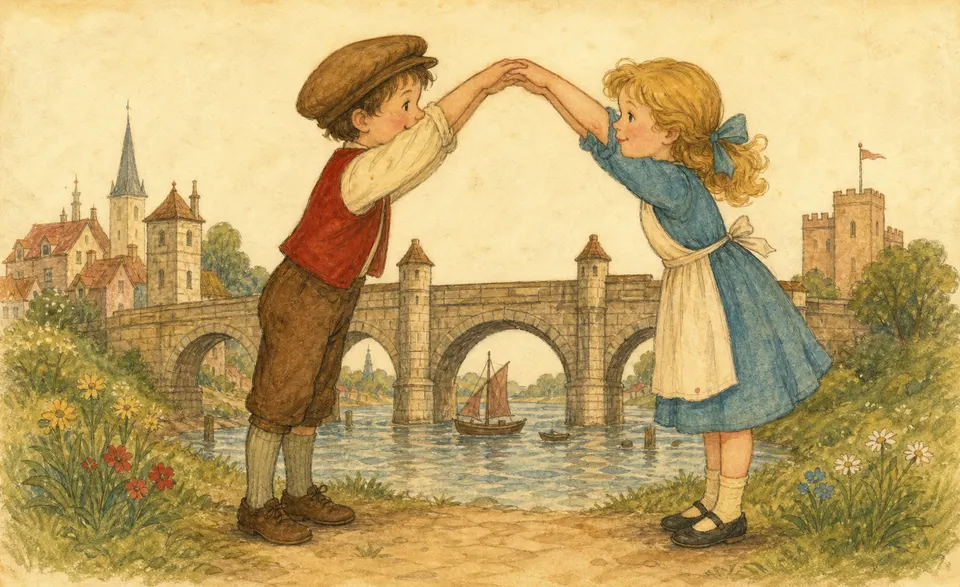 two children making an arch with their arms over a bridge