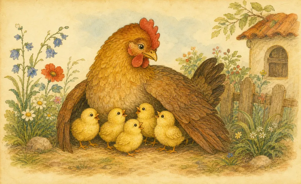 baby chicks cheeping under a mother hen’s wing