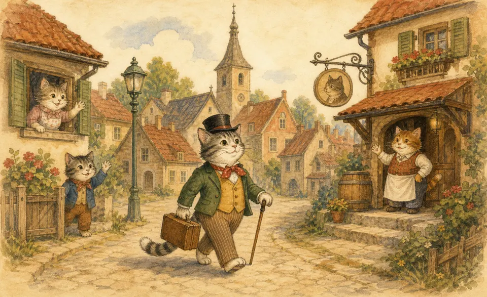 a tidy tomcat setting off through a little cat town to the inn