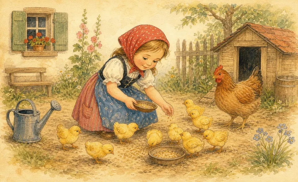 a little girl tending a brood of cheeping chicks by a farmyard