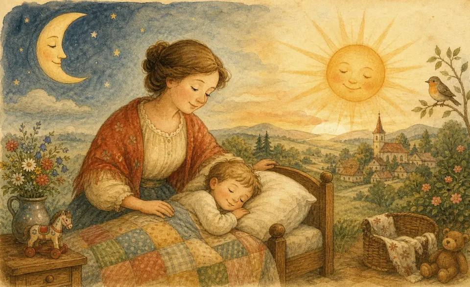 a mother watching lovingly over her child at dawn, like sun and moon in one