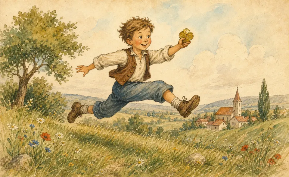 a boy leaping across a green meadow with coins in his hand