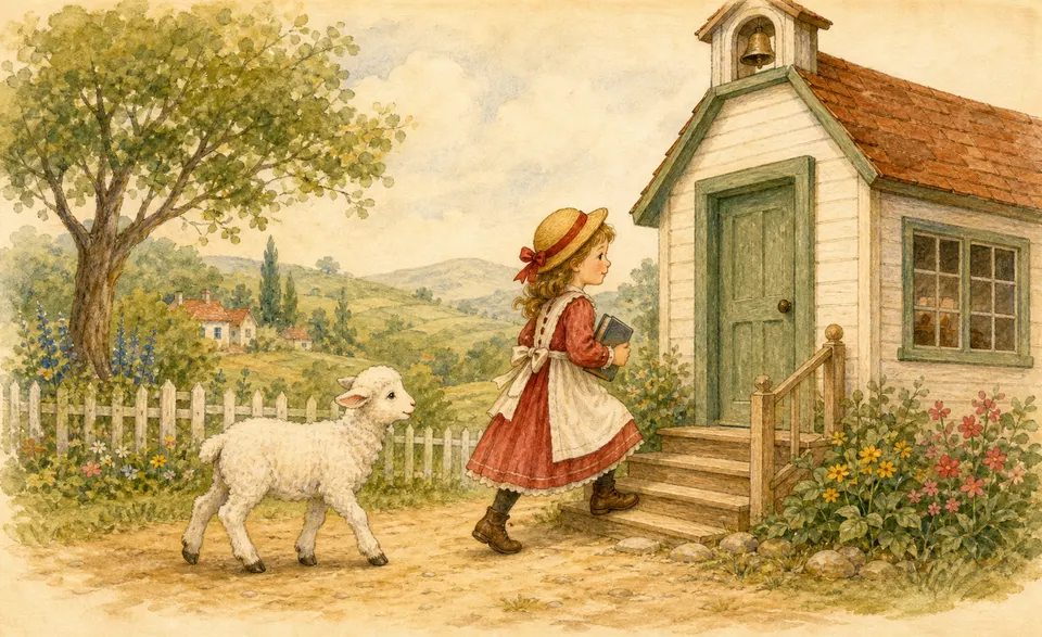 a little white lamb following a girl to a schoolhouse door