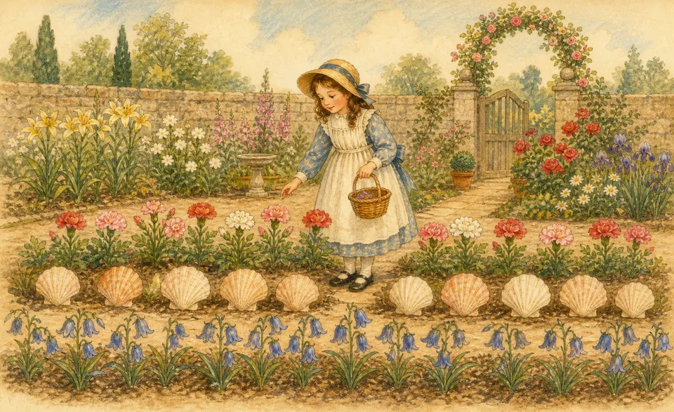 a walled garden of bells, shells and flowers in neat rows