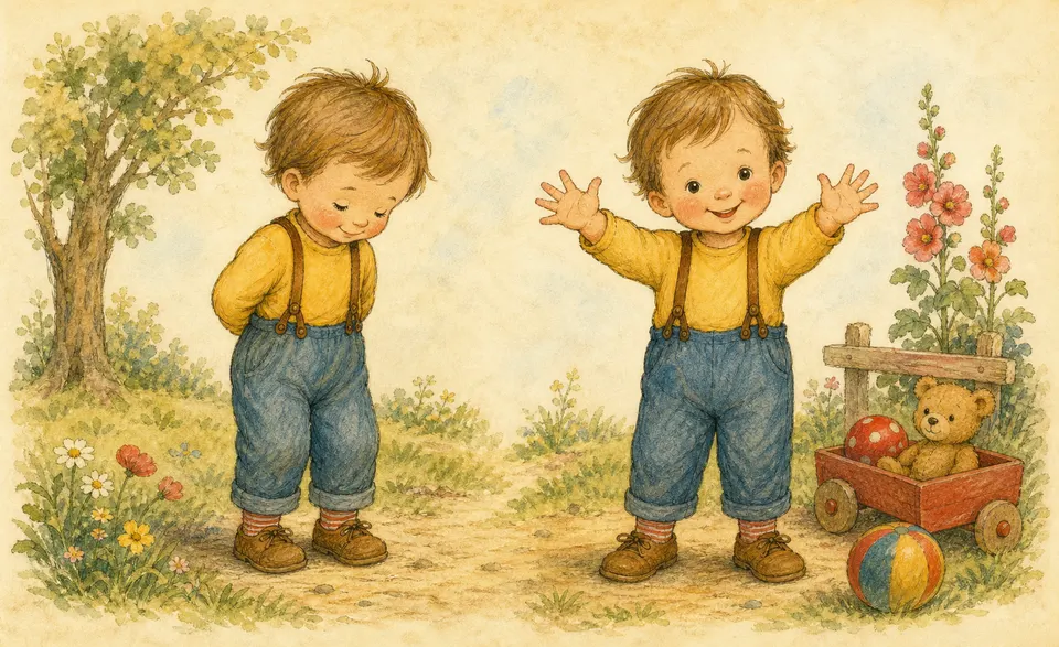 a toddler hiding their hands behind their back, then showing them again