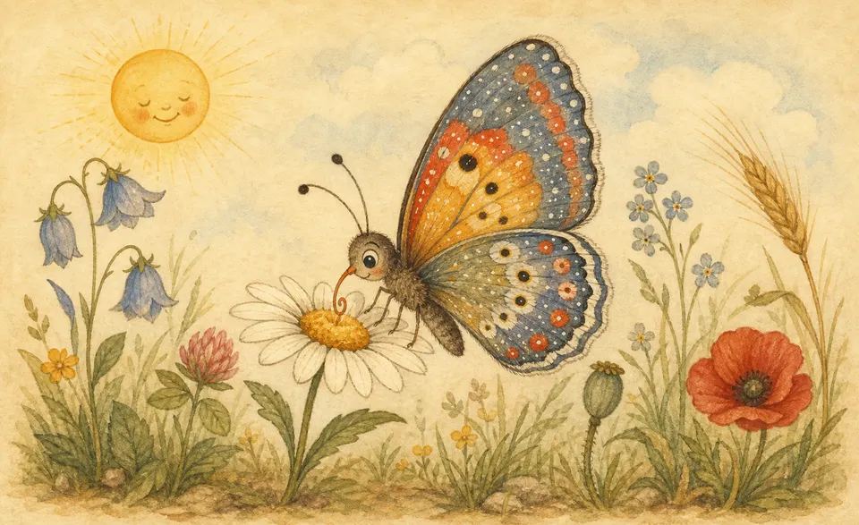a shimmering little butterfly sipping nectar from a tiny daisy