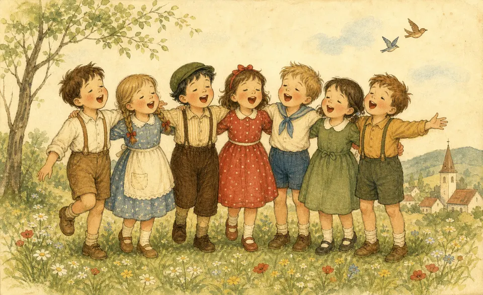 a happy group of children arm in arm, singing together