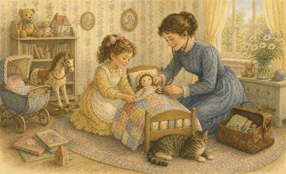A child tucking a doll into a patchwork bed while a friendly doctor examines it