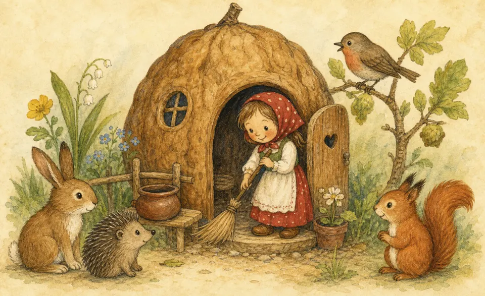 a tidy girl in a little gall-nut house, a small pot, friendly animals