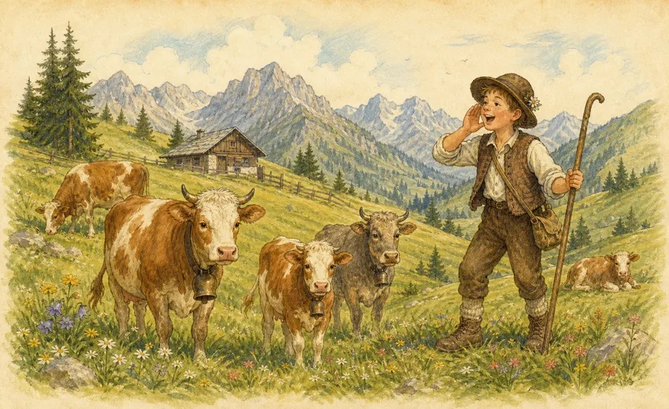 a sunny alpine pasture with cows, a herdsman shouting "juhej!"