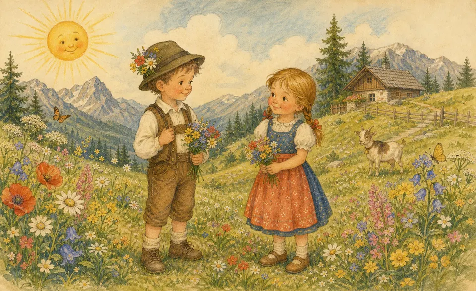 a sunny mountain meadow full of flowers, a posy pinned to a hat