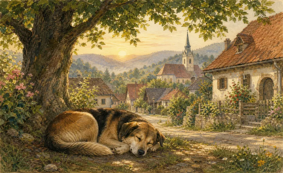 a sleepy dog dozing in the shade after a night of courting in the village