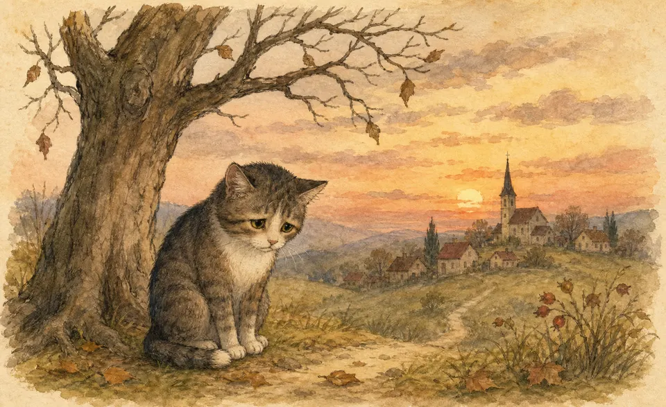 a mournful cat under a bare tree at dusk, a wistful and sombre scene